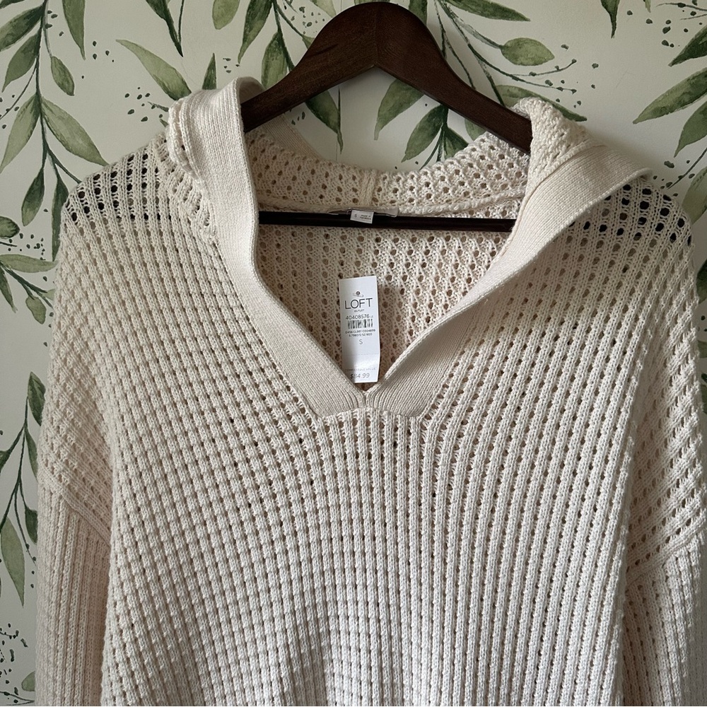 LOFT Cream Waffle Knit Hooded Sweater. Small. New. - Picture 2 of 8